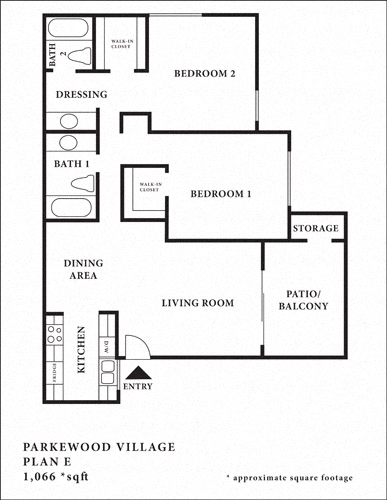Floor plan for 2 beds, 2 baths, 1066 sqft